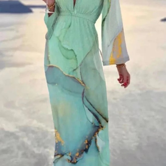 Chic Mint and Gold Maxi with Belle Sleeve Dress Size XL (Stretch) - Picture 1 of 5